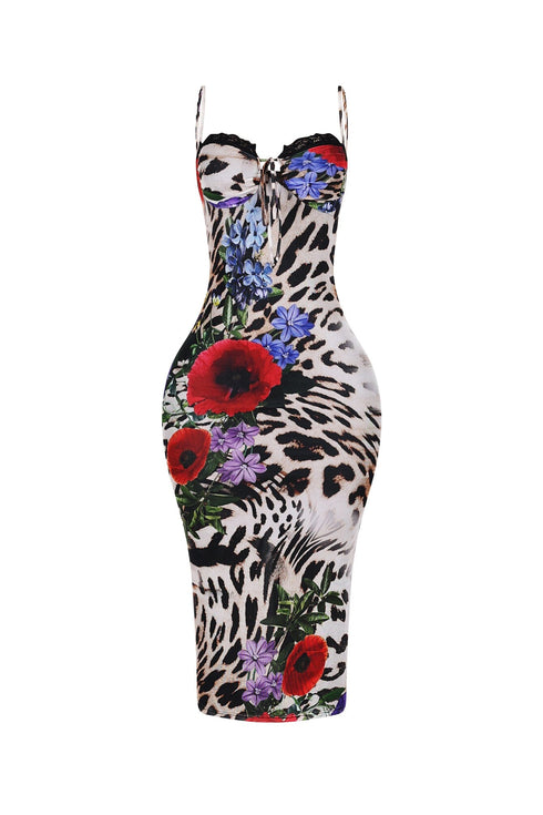 Kiran Leopard Flower Print Midi Dress